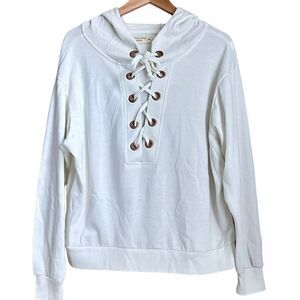 Ocean Drive Women M Shirt White Lace Up Grommet Hoodie Beach Coastal Pop Over